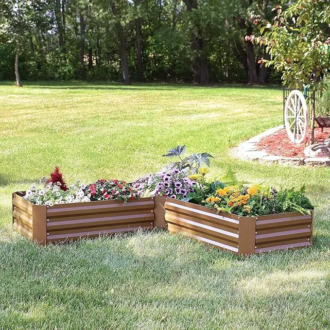 Sunnydaze 11.75" H Raised Metal Garden Bed - Galvanized Raised Garden Bed Outdoor for Vegetables and Flowers - Brown - L-Shaped by GreenHaven Gardens