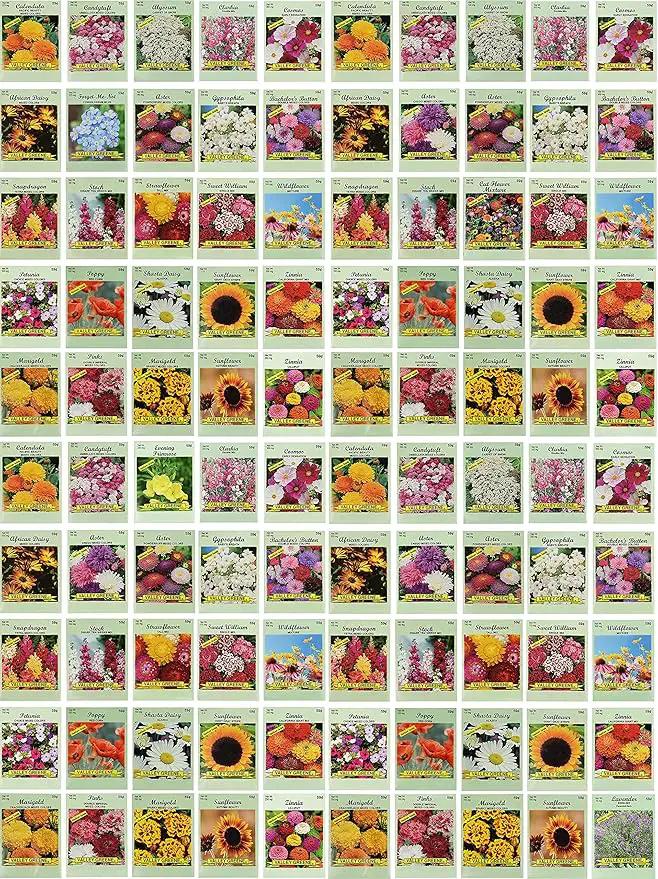 Set of 100 Assorted Valley Green Flower Seed Packets! Flower Seeds in Bulk - 20+ Varieties Included by GreenHaven Gardens