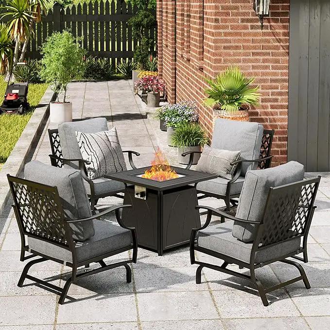 Patio Furniture Set with Fire Pit Table, 5 Pcs Metal Outdoor Conversation Set, 4 Rocking Chairs with 5.75" Extra Thick Cushion and 28" Fire Pit Table for Backyard Deck, Grey by GreenHaven Gardens