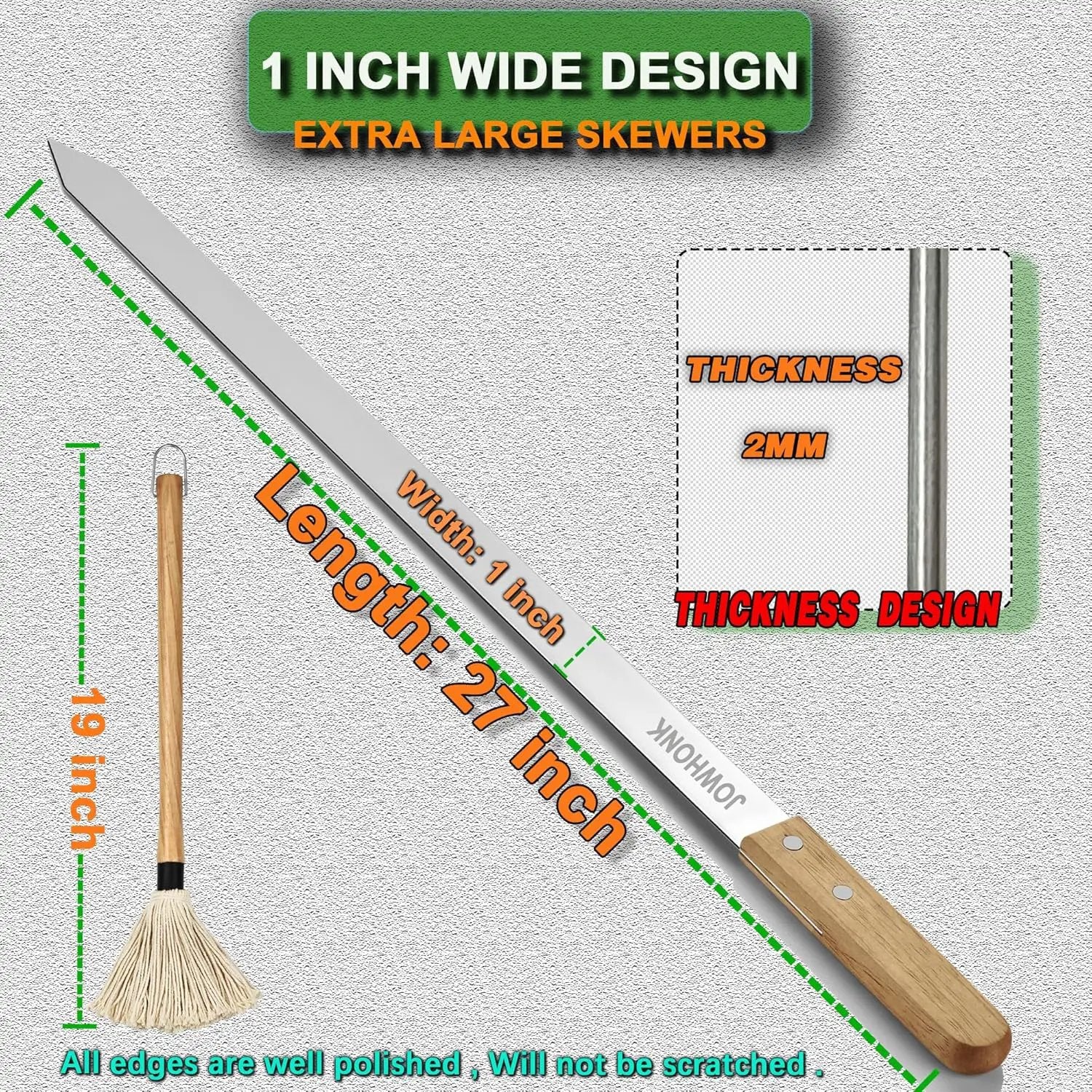 27 Inch Extra Long 1 Inch Wide Kabob Skewers for Grilling, Premium 304 Stainless Steel Barbecue Skewer with Wood Handle,Metal Flat Kebab Skewers include 8PCS BBQ Skewer,1PCS Grill Mop Brush by GreenHaven Gardens