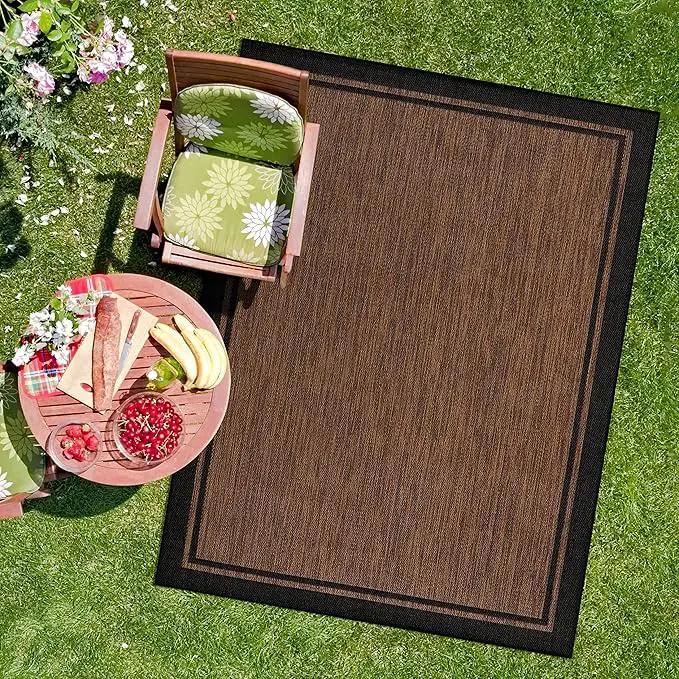 CAMILSON Indoor Outdoor Rug, 9x12 Bordered Nut Brown Black Modern Area Rugs for Indoor and Outdoor Patios, Kitchen and Hallway Mats, Washable Porch Deck Outside Carpet (Border Nut Brown Black, 9 x 12) by GreenHaven Gardens