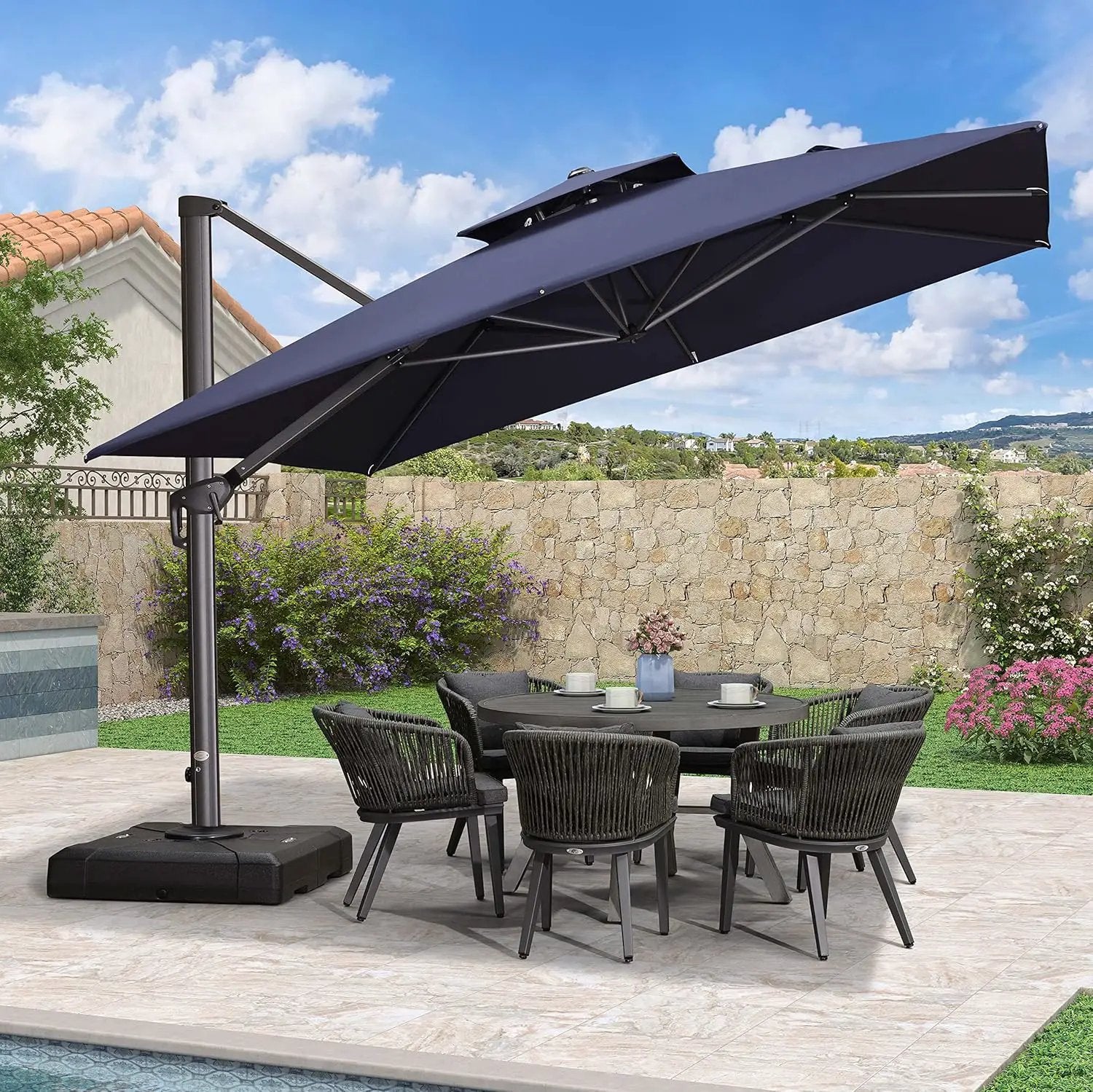PURPLE LEAF 11FT Cantilever Outdoor Umbrellas Large Patio Umbrella Hanging Double Top Square Offset Umbrella with 360°Rotation Tilting Umbrella Outdoor Patio, Navy Blue by GreenHaven Gardens