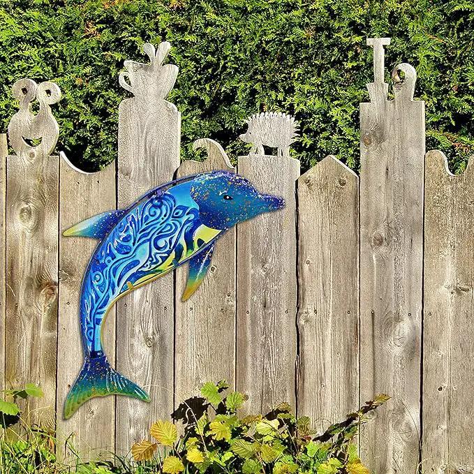 John's Studio Dolphin Wall Decor Outdoor Metal FIsh Sea Hanging Art Glass Sculptures Home Ocean Theme Decorations for Living Room, Bedroom, Yard, Fence and Patio - 17.5 Inches by GreenHaven Gardens