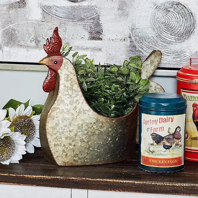 Deco 79 Metal Rooster Indoor Outdoor Planter Large Planter Pot, Planter 12" x 8" x 16", Gray by GreenHaven Gardens