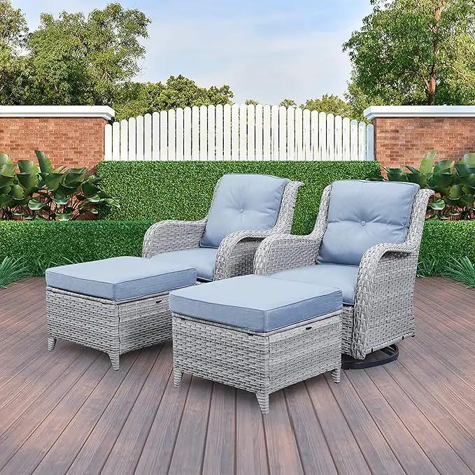 5 Piece Outdoor Patio Furniture Set - Wicker Furniture Patio Conversation Set, Outdoor Swivel Rocker Chairs with 3-Seater Sofa and 2 Ottomans for Small Space, Baby Blue Cushion by GreenHaven Gardens