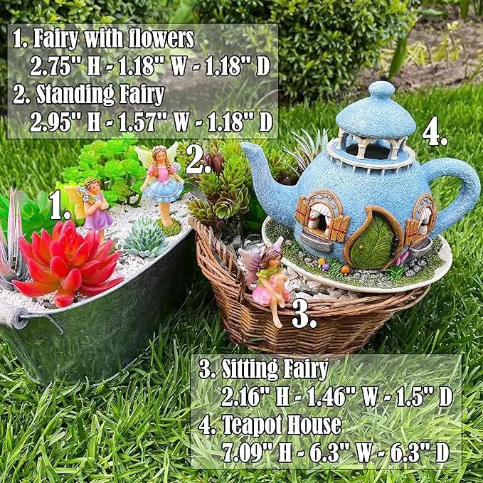 Mood Lab Fairy Garden Miniature Teapot House Kit - Figurines and Accessories Set of 4 pcs - 7.1 Inch Tall House by GreenHaven Gardens