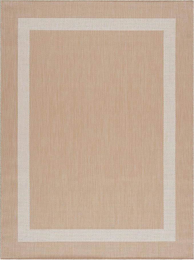 CAMILSON Outdoor Rug 9x12, Large Modern Outside Rugs for Patios Porches Waterproof Durable Washable Non-Shedding, Easy-to-Clean Indoor Outdoor Area Carpet (9 x 12, Bordered - Beige/White) by GreenHaven Gardens