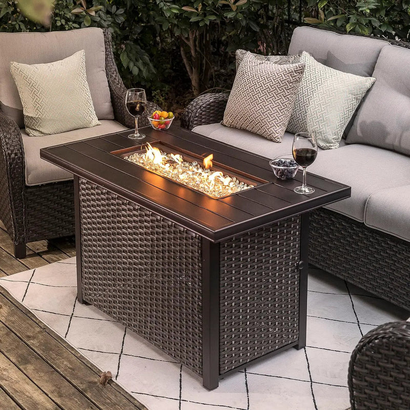 Nuu Garden Outdoor 43 Inch 50,000 BTU Propane Gas Fire Pit Table, Aluminum Tabletop and PE Rattan Weaved Steel Frame, Water-Proof Oxford Cover, Glass Beads, Lid, Dark Brown by GreenHaven Gardens