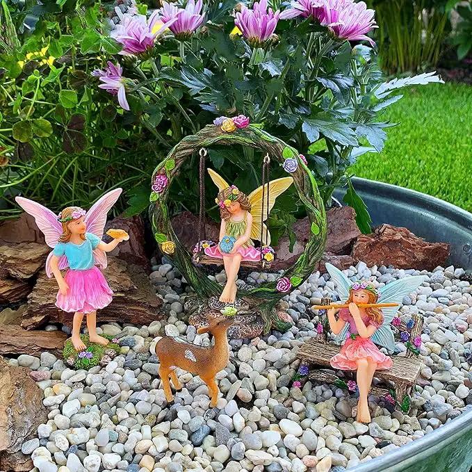 Mood Lab Fairy Garden Kit - Swing Set of 6 pcs Miniature Figurines & Accessories - Hand Painted for Outdoor or House Decor by GreenHaven Gardens