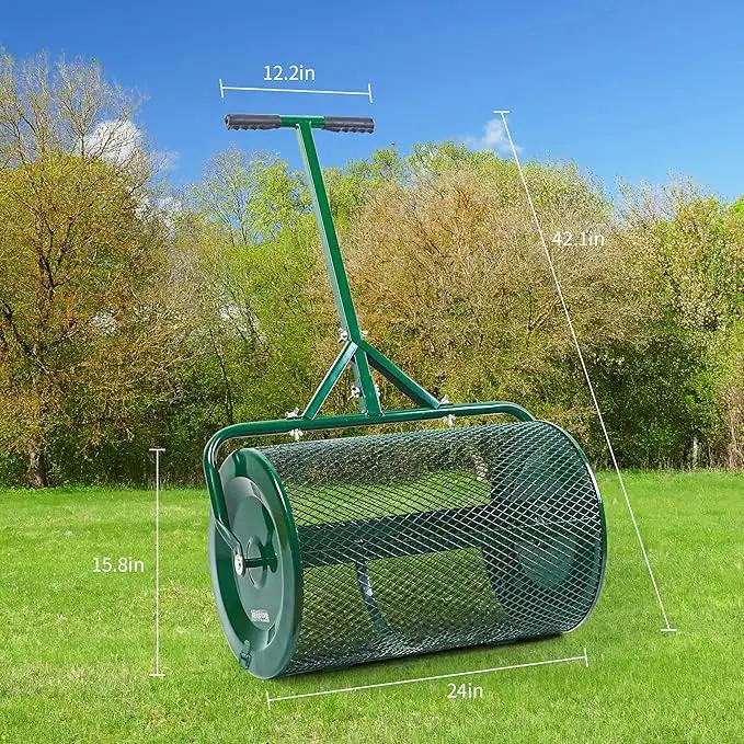 Compost Spreader- 24 inch Peat Moss Roller With improved T shape handle-Lawn & Garden Spreader For Top Dressing Compost, Fertilizer, Mulch And Soil- Strong and Lightweight material for basket by GreenHaven Gardens