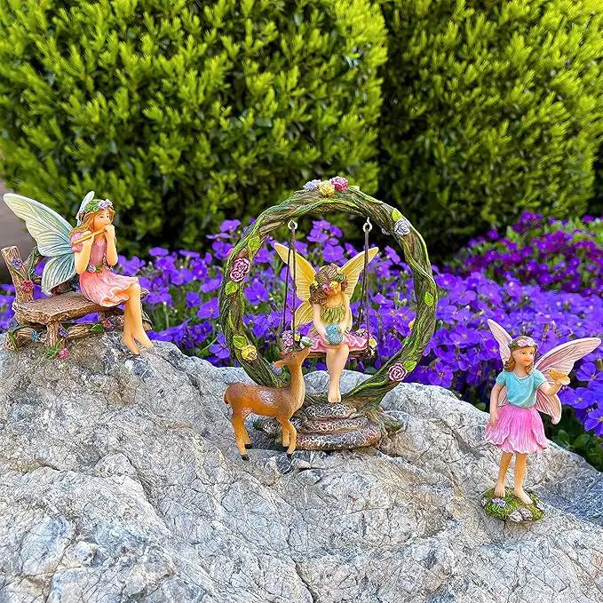 Mood Lab Fairy Garden Kit - Swing Set of 6 pcs Miniature Figurines & Accessories - Hand Painted for Outdoor or House Decor by GreenHaven Gardens