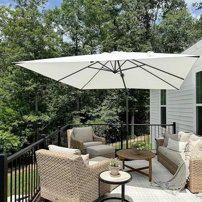 PURPLE LEAF 9.8' X 9.8' Patio Umbrella with Base Outdoor Cantilever Swivel Square Umbrella with Tilt Aluminum Offset Umbrella with 360-degree Rotation for Garden Deck Pool Patio White by GreenHaven Gardens