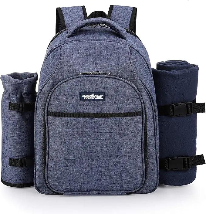Apollo Walker Picnic Backpack Bag for 2 Person with Cooler Compartment, Detachable Bottle/Wine Holder, Fleece Blanket, Plates and Cutlery Set (2 Person, Navy) by GreenHaven Gardens