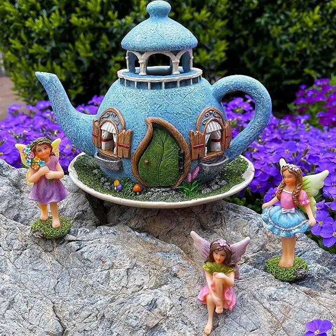 Mood Lab Fairy Garden Miniature Teapot House Kit - Figurines and Accessories Set of 4 pcs - 7.1 Inch Tall House by GreenHaven Gardens