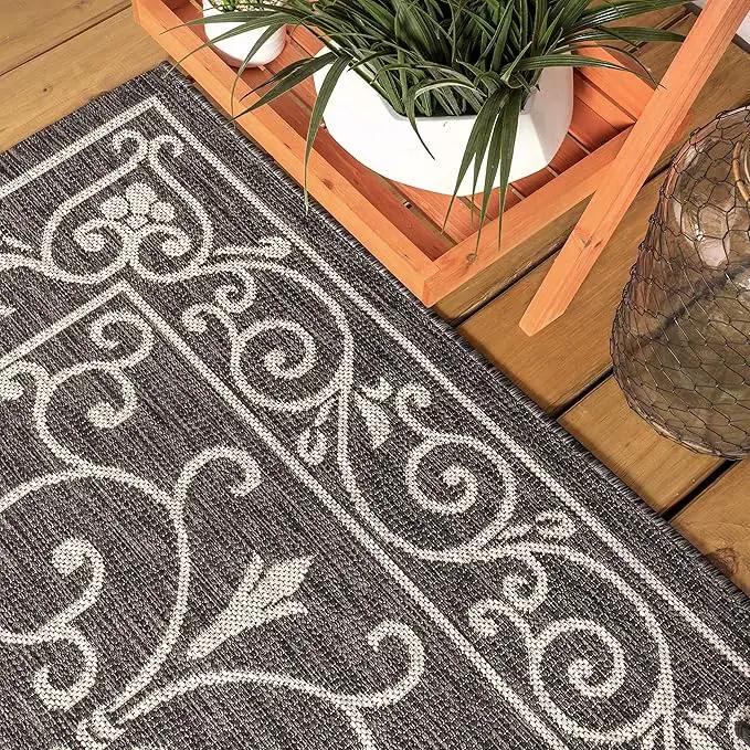 JONATHAN Y SMB106G-8 Charleston Vintage Filigree Textured Weave Indoor Outdoor Area Rug Classic Coastal Easy Cleaning Bedroom Kitchen Backyard Patio Non Shedding, 8 X 10, Black/Gray by GreenHaven Gardens