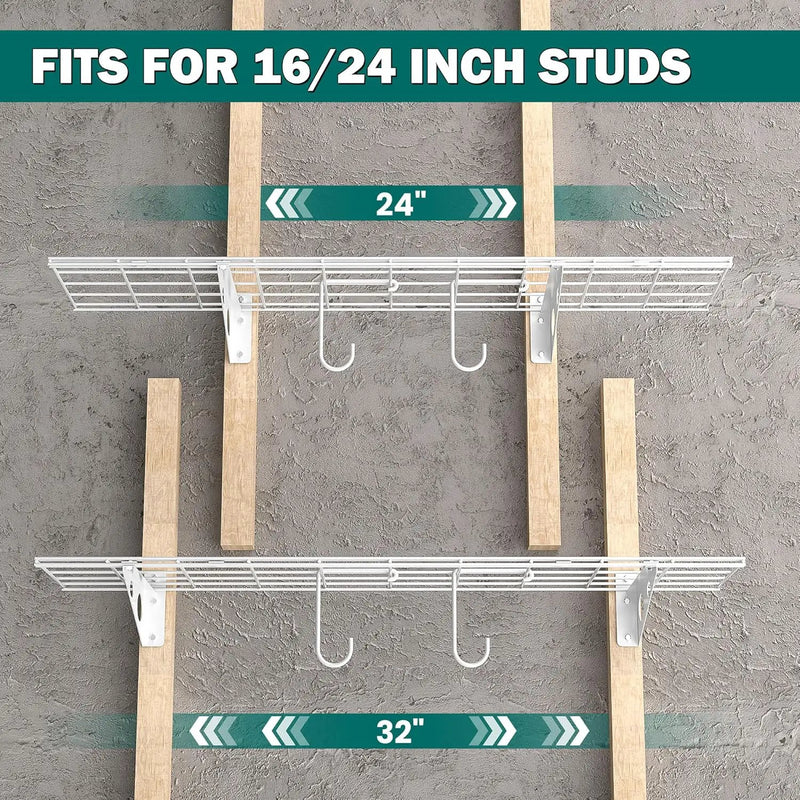 EVERHANGER Garage Wall Shelves, 12 X 48 Inch Wall Mounted Storage Shelves, Heavy Duty Metal Shelving with Hooks, 2 Pack, White by GreenHaven Gardens