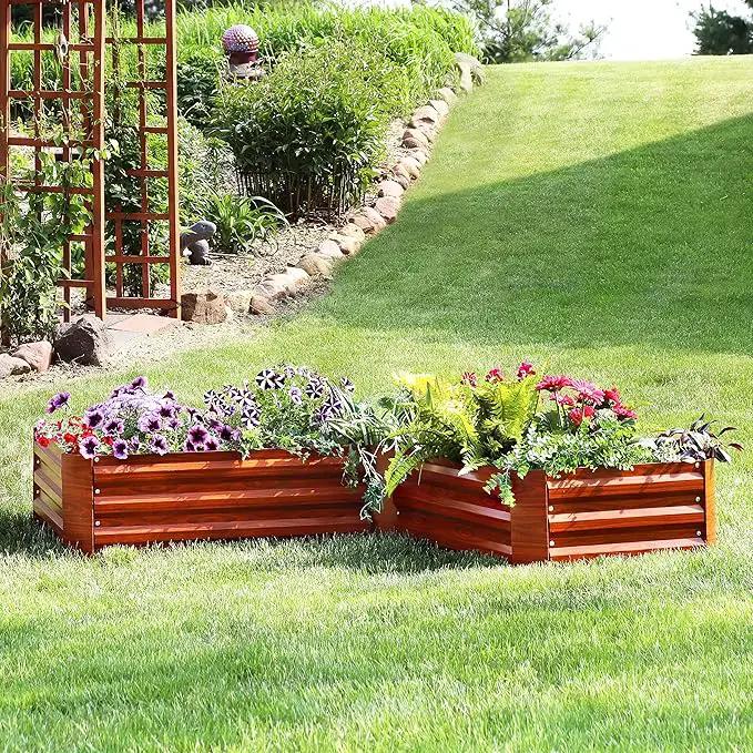 Sunnydaze 11.75" H Raised Metal Garden Bed - Galvanized Raised Garden Bed Outdoor for Vegetables and Flowers - Woodgrain - L-Shaped by GreenHaven Gardens