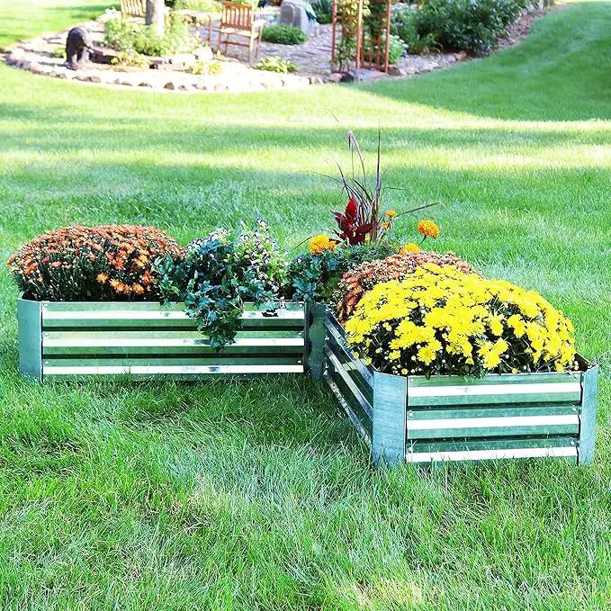 Sunnydaze 11.75" H Raised Metal Garden Bed - Galvanized Raised Garden Bed Outdoor for Vegetables and Flowers - Silver - L-Shaped by GreenHaven Gardens