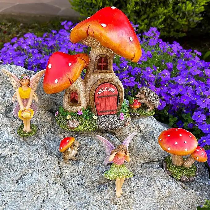 Mood Lab Fairy Garden - Mushroom House Set of 6 pcs - Miniature Figurines & Accessories Kit - for Outdoor or House Decor by GreenHaven Gardens