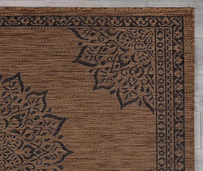 CAMILSON Outdoor Rug, 9x12 Medallion Nut Brown Black Modern Area Rugs for Large Indoor and Outdoor Patios, Kitchen and Hallway Mats, Washable Porch Deck Outside Carpet (Nut Brown Black, 9 x 12) by GreenHaven Gardens