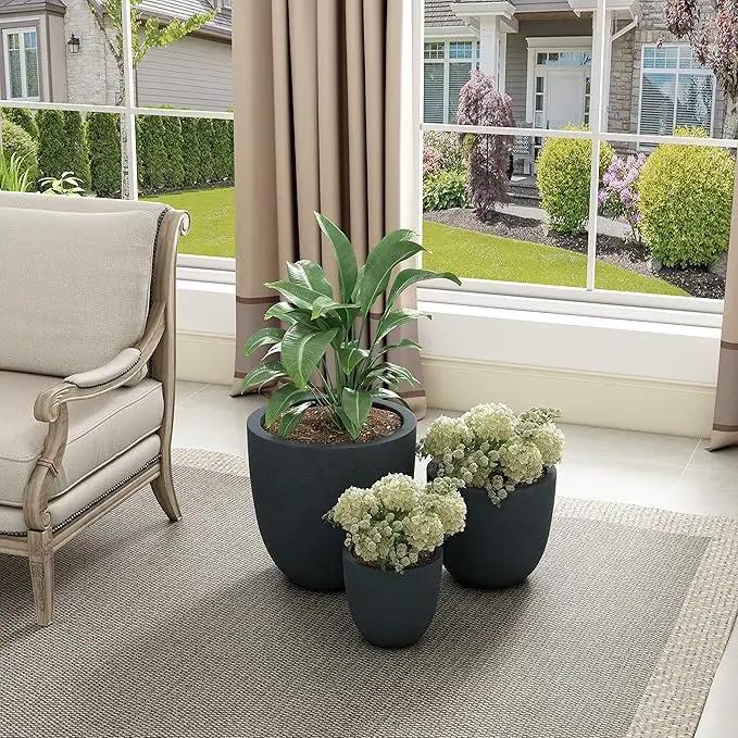 Kante 18",14",10" Dia Concrete Round Planters (Set of 3), Outdoor Indoor Large Planter Pots with Drainage Hole and Rubber Plug for Home Patio Garden, Dark Gray by GreenHaven Gardens
