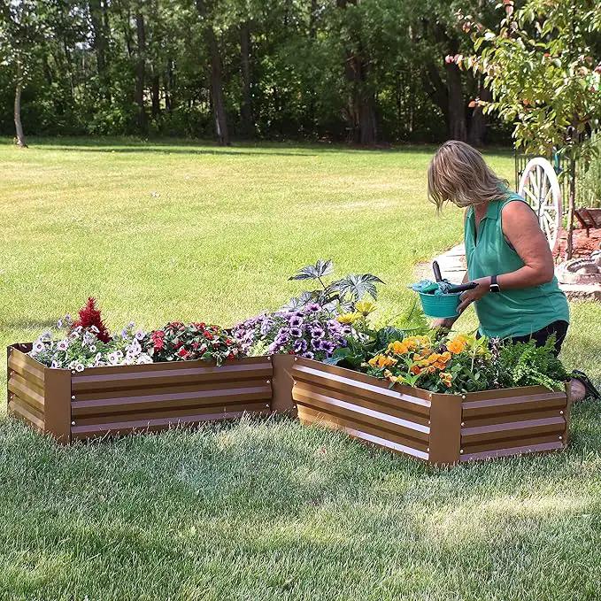 Sunnydaze 11.75" H Raised Metal Garden Bed - Galvanized Raised Garden Bed Outdoor for Vegetables and Flowers - Brown - L-Shaped by GreenHaven Gardens