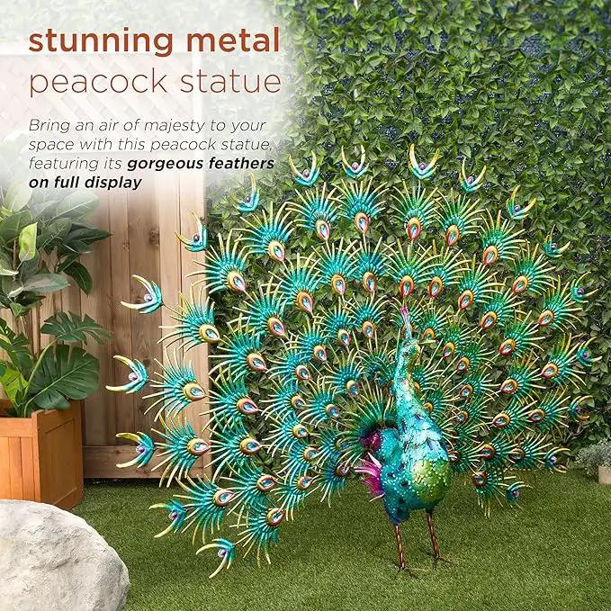 Alpine Corporation HEH376 Jumbo Sized Iron Majestic Peacock Decor, Elegant Garden & Patio Bird Statue, 55" H, Green by GreenHaven Gardens