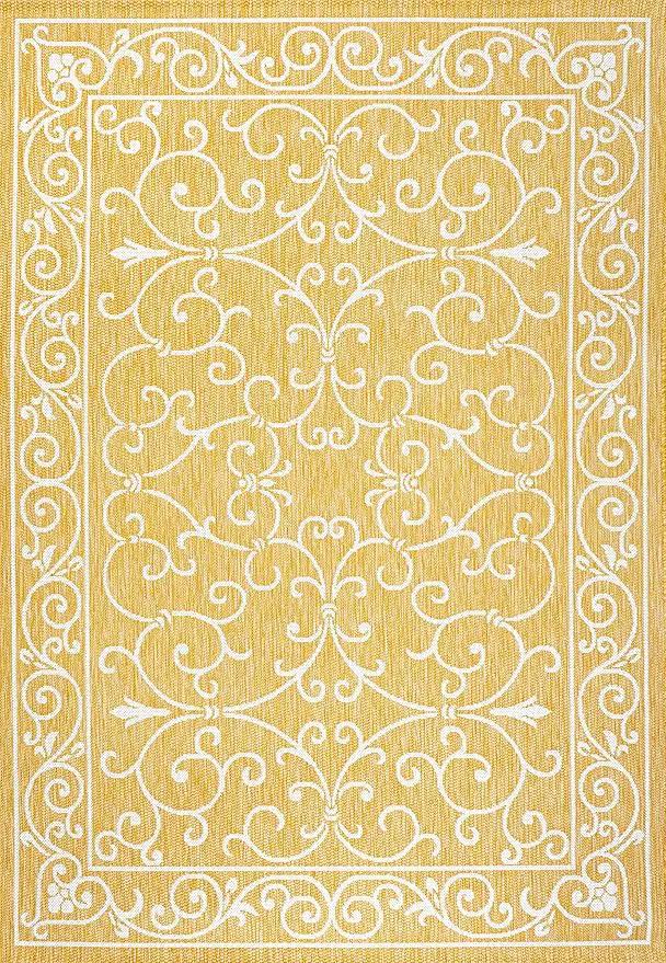 JONATHAN Y SMB106L-3 Charleston Vintage Filigree Textured Weave Indoor Outdoor Area Rug, Classic Traditional Easy-Cleaning,Bedroom,Kitchen,Backyard,Patio,Non Shedding, 3 X 5, Yellow/Cream by GreenHaven Gardens