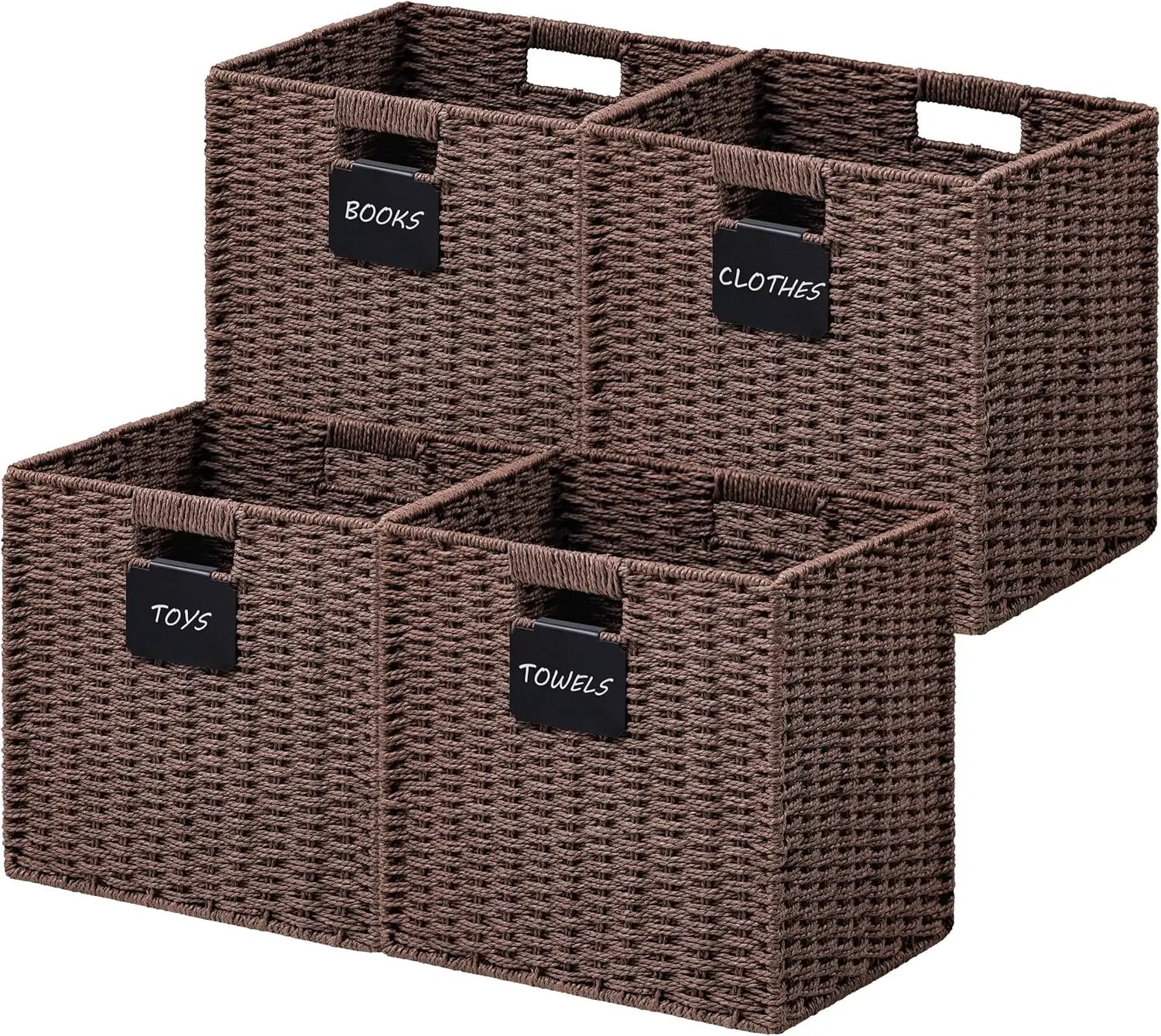 UBBCARE 4 Pack Wicker Basket, 10.5×10.5 Storage Cubes with Label, Foldable Cube Storage Bin with Handle, Square Storage Basket for Shelves, Woven Paper Rope Basket for Organizing, Brown by GreenHaven Gardens