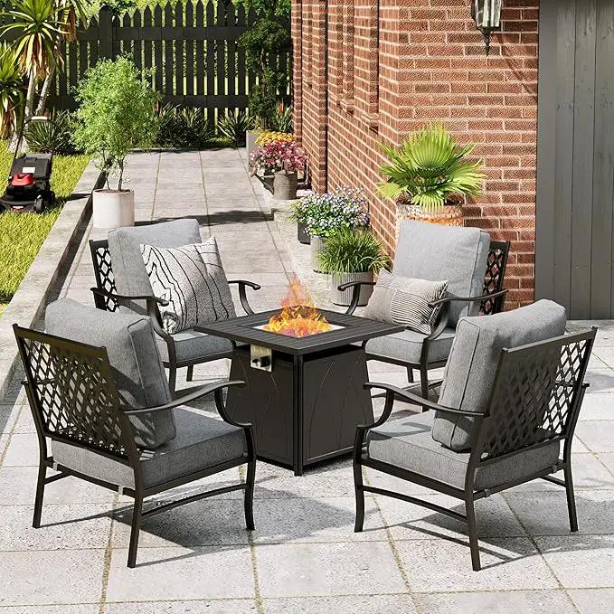 Patio Furniture Set with Fire Pit Table, 5 Pcs Metal Outdoor Conversation Set, 4 Single Chairs with 5.75" Extra Thick Cushion and 28" Fire Pit Table for Backyard Deck, Grey by GreenHaven Gardens