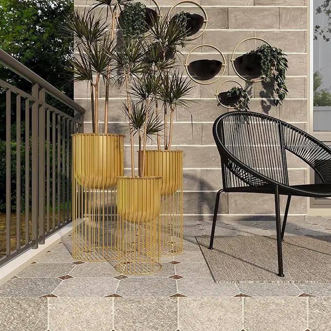 Deco 79 Metal Indoor Outdoor Planter Deep Recessed Dome Large Planter Pot with Elevated Caged Stand, Set of 3 Planters 24", 20", 16"H, Gold by GreenHaven Gardens