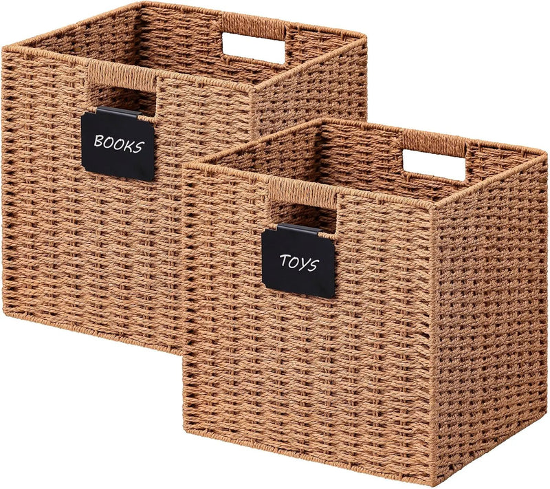 UBBCARE 2 Pack Wicker Basket, 12×12 Storage Cubes with Label, Foldable Cube Storage Bin with Handle, Square Storage Basket for Shelves, Woven Paper Rope Basket for Organizing, Caramel by GreenHaven Gardens