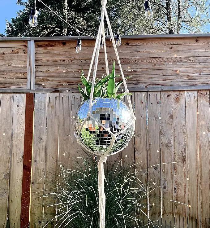 Hanging Disco Ball Planter 8" - with Acrylic Stand and Macrame Plant Hanger - Home Décor, Room Décor, Patio or Boho Décor, Mirror Disco Planter, Disco Decor (8" No Base) by GreenHaven Gardens