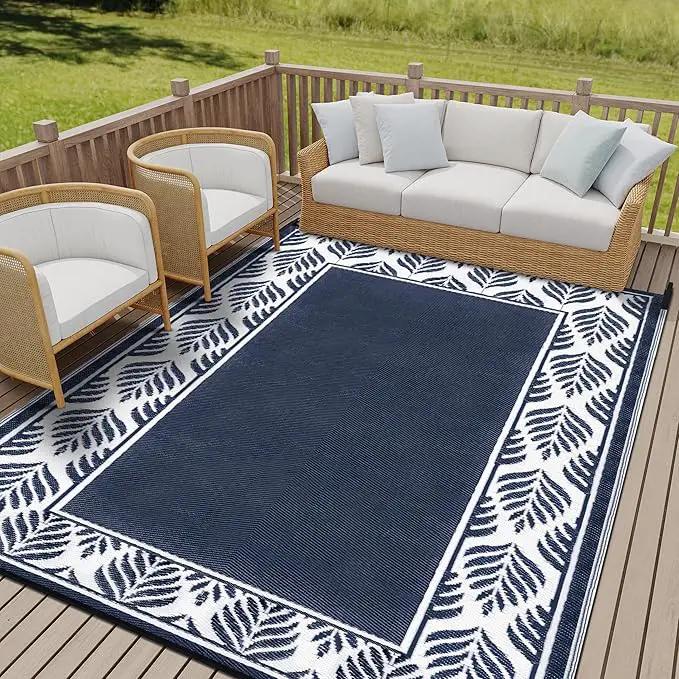 Outdoor Plastic Straw Rug, Waterproof Mat, Washable Large Floor Mat and Rug for Outdoors, RV, Beach, Patio, Camping, Backyard, Deck, Picnic, Outside (Olive-Leaf/Dark Blue&White,9x12ft) by GreenHaven Gardens