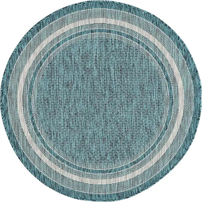 Unique Loom Outdoor Border Collection Area Rug - Soft Border (4' Round Teal/Ivory) by GreenHaven Gardens