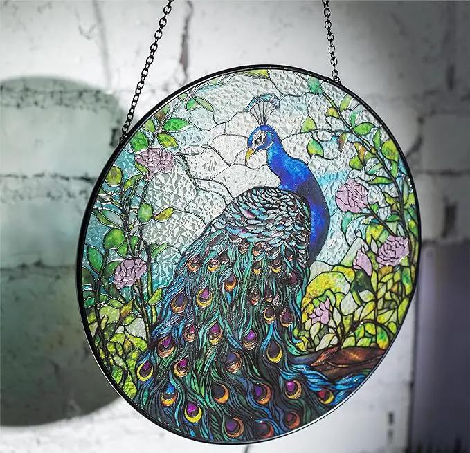 7.8'' Peacock Decor Suncatcher Stained Glass - Originally Designed Peacock Suncatchers for Sun Catchers Indoor Window | Gifts for Peacock Lovers Painted Glass Panel Decor Themed Gift by GreenHaven Gardens