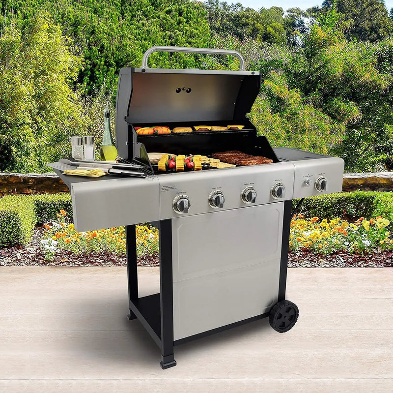 Kenmore 4-Burner Gas Grill with Side Burner, Outdoor BBQ Grill, Propane Gas Grill, Cast Iron Cooking Grates, Electronic Ignition, Warming Rack, Open Cart Design, 53000 BTUs, Stainless Steel by GreenHaven Gardens