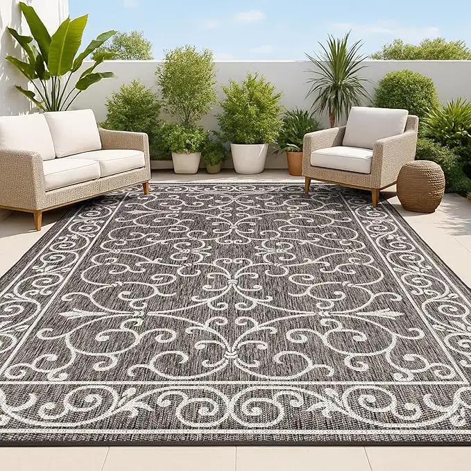 JONATHAN Y SMB106G-8 Charleston Vintage Filigree Textured Weave Indoor Outdoor Area Rug Classic Coastal Easy Cleaning Bedroom Kitchen Backyard Patio Non Shedding, 8 X 10, Black/Gray by GreenHaven Gardens