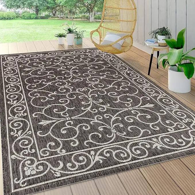 JONATHAN Y SMB106G-8 Charleston Vintage Filigree Textured Weave Indoor Outdoor Area Rug Classic Coastal Easy Cleaning Bedroom Kitchen Backyard Patio Non Shedding, 8 X 10, Black/Gray by GreenHaven Gardens
