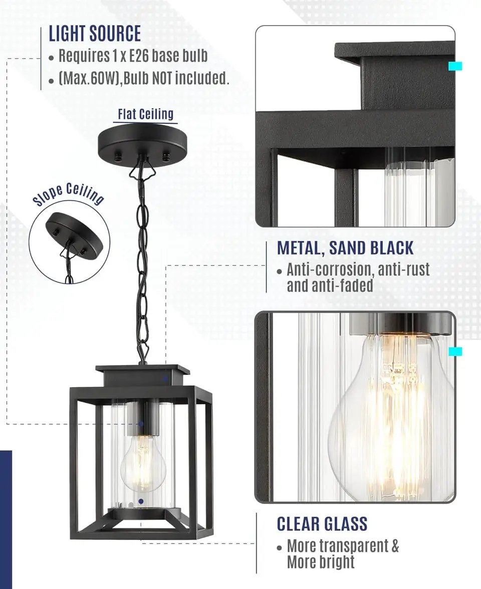 Brand New Osimir Outdoor Pendant Light for Porch, 1-Light Black Hanging Porch Light Modern Exterior Hanging Lantern with Cylinder Glass and Adjustable Chain for Gazebo, 2353/1H by Selzalot