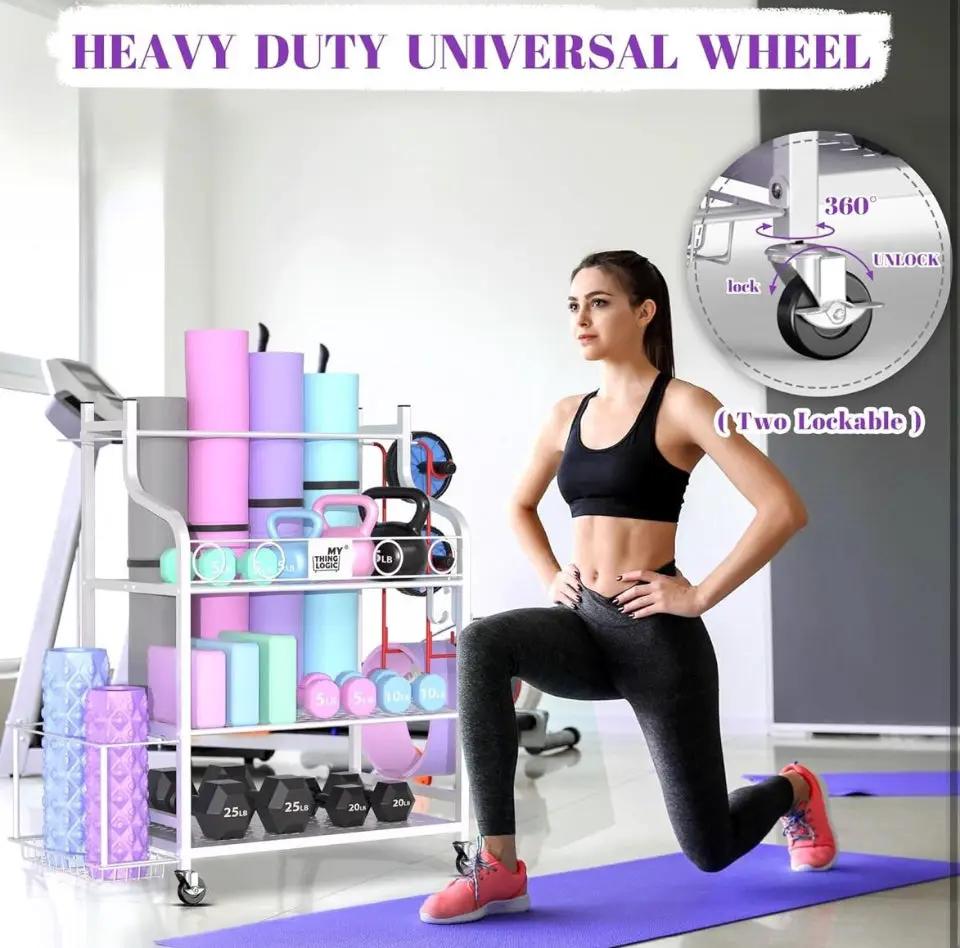 Mythinglogic Yoga Mat Storage Racks, Home Gym Storage Rack for Dumbbells Kettlebells Foam Roller, Yoga Strap and Resistance Bands, Workout Equipment Storage Organizer With Hooks and Wheels by Selzalot