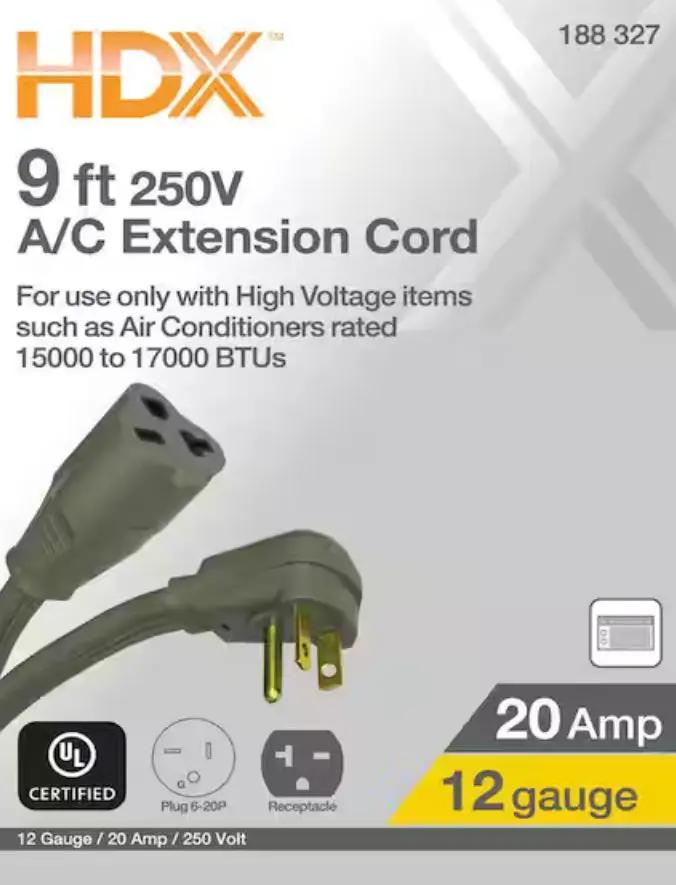 HDX 9 ft. 12/3 20 Amp 250-Volt Air Conditioner Extension Cord, Grey by Selzalot