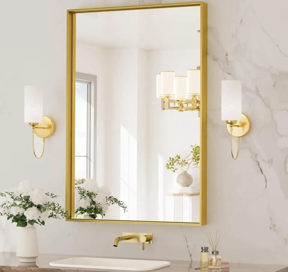 TETOTE Brushed Gold Bathroom Mirror 24 x 36 Inch Rectangle Gold Metal Framed Bathroom Vanity Mirror, Modern Farmhouse Rectangular Brass Frame Large Wa by Selzalot