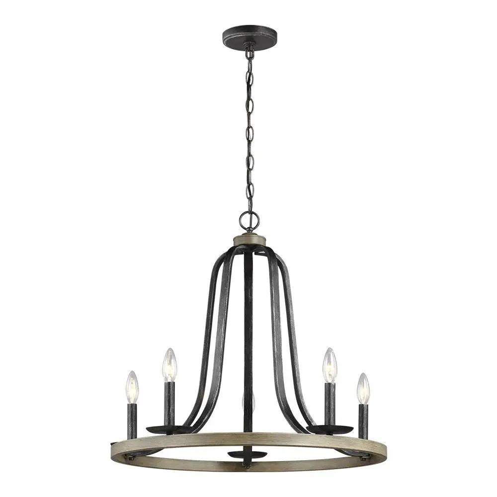 Rustic 5 Light Dimmable Farm Home Circle Metal Chandelier Oak Finish by HomePacific