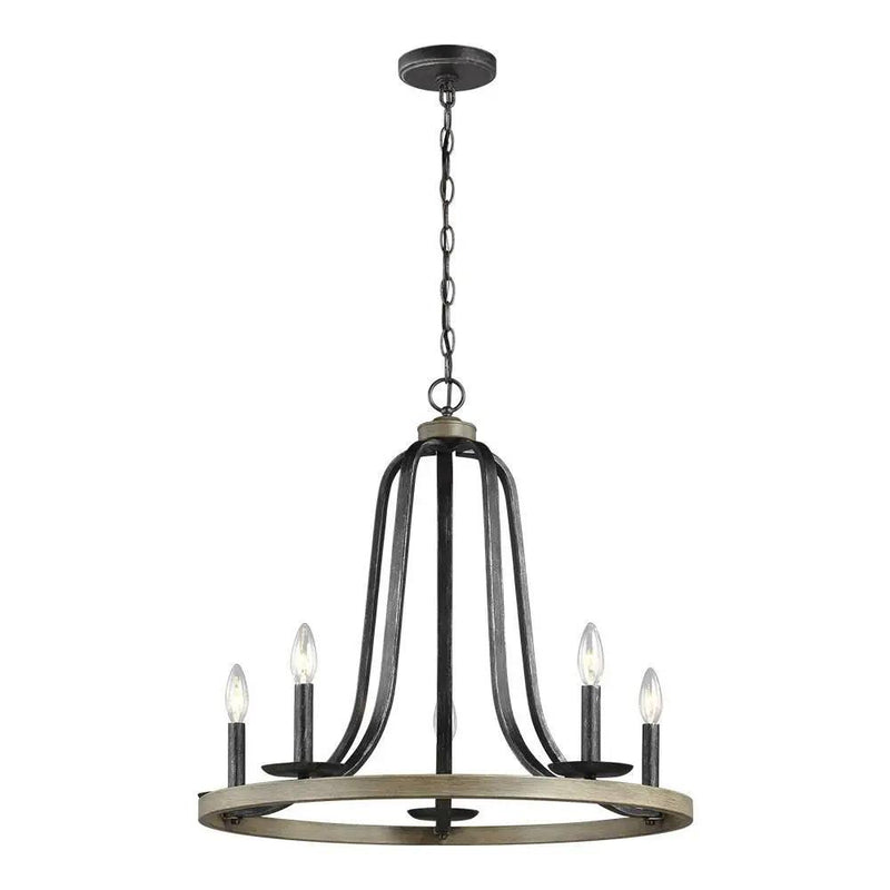 Rustic 5 Light Dimmable Farm Home Circle Metal Chandelier Oak Finish by HomePacific
