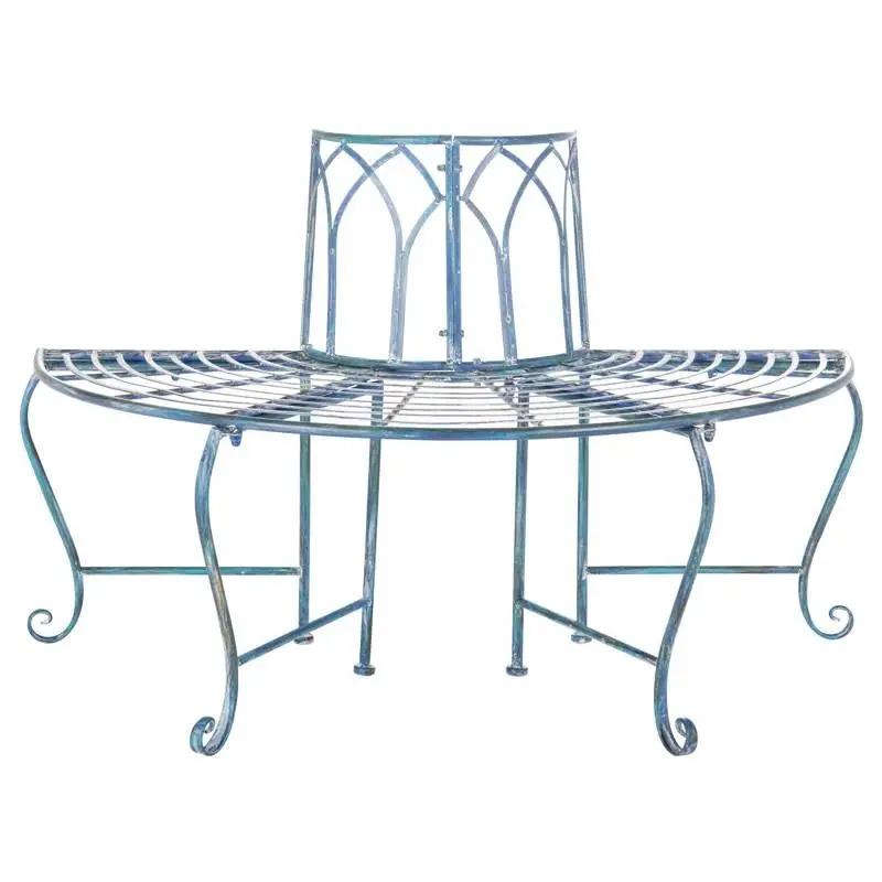 Half-Circle Outdoor Patio Garden Antique Blue Wrought Iron Tree Bench by HomePacific