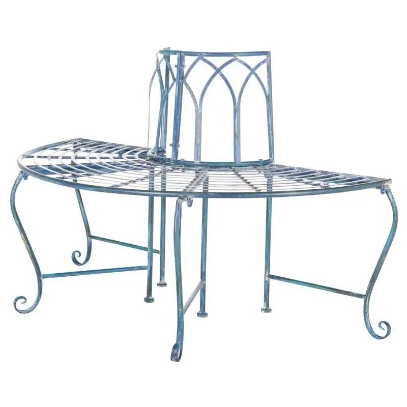 Half-Circle Outdoor Patio Garden Antique Blue Wrought Iron Tree Bench by HomePacific