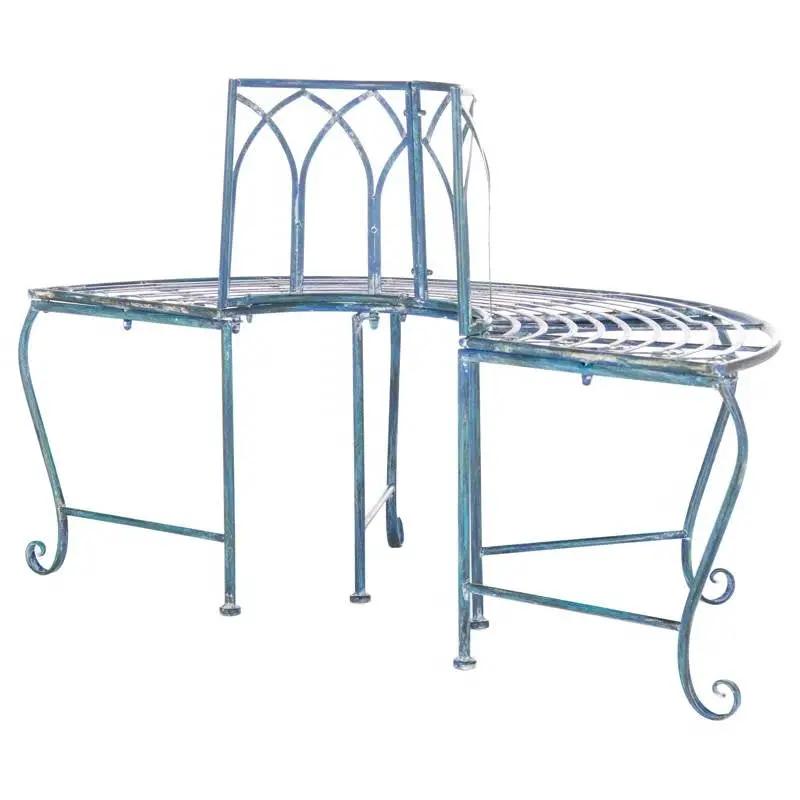 Half-Circle Outdoor Patio Garden Antique Blue Wrought Iron Tree Bench by HomePacific