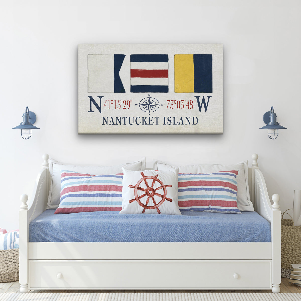 Nantucket Sign With Latitude Longitude Coordinates and ACK Maritime Flags