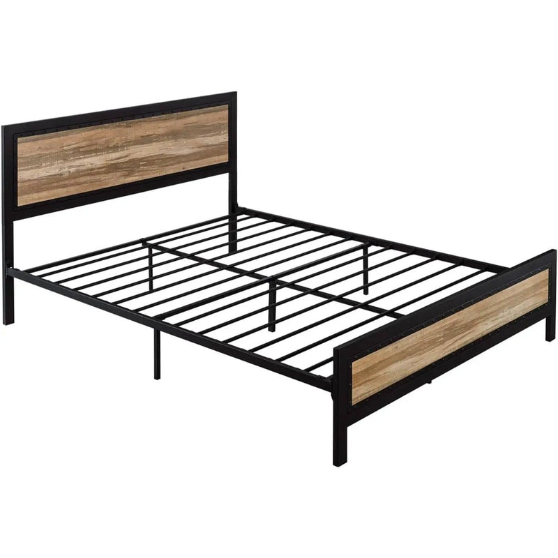 Full Industrial Metal Wood Rivet Platform Bed Frame w/ Headboard and Footboard by HomePacific